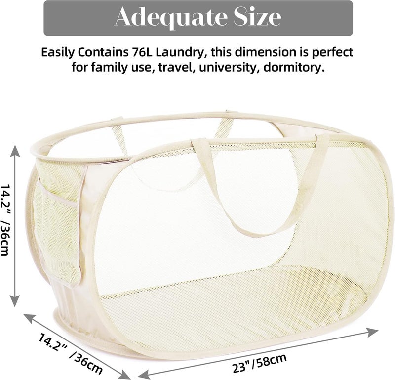 Bemkoo Durable Collapsible Laundry Baskets, Mesh Pop Up Laundry Hamper with Side Pocket, Foldable Clothes Storage Hamper with Reinforced Carry Handles for Laundry, Bathroom, Kids Room, Dorm or Travel Beige - Image 3